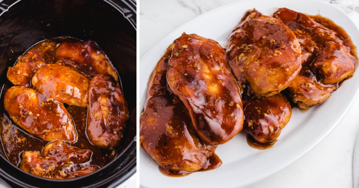 Side-by-side image of Coca Cola chicken cooking in a slow cooker and plated on a white dish, showing the transformation from cooking to serving.