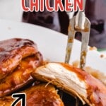 Close-up of tender Coca-Cola chicken breast being held by tongs, showing juicy, saucy interior. Text overlay reads 'Crockpot Coca-Cola Chicken – Just Set It & Forget It' with Coca-Cola bottles in the background.