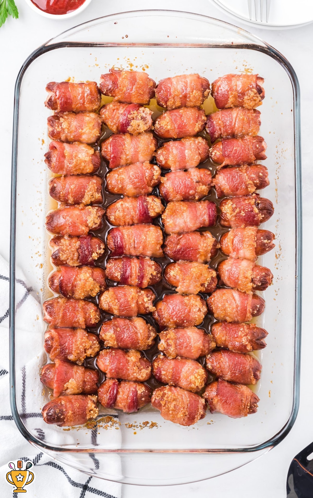 cooked and ready to serve crispy bacon wrapped smokies