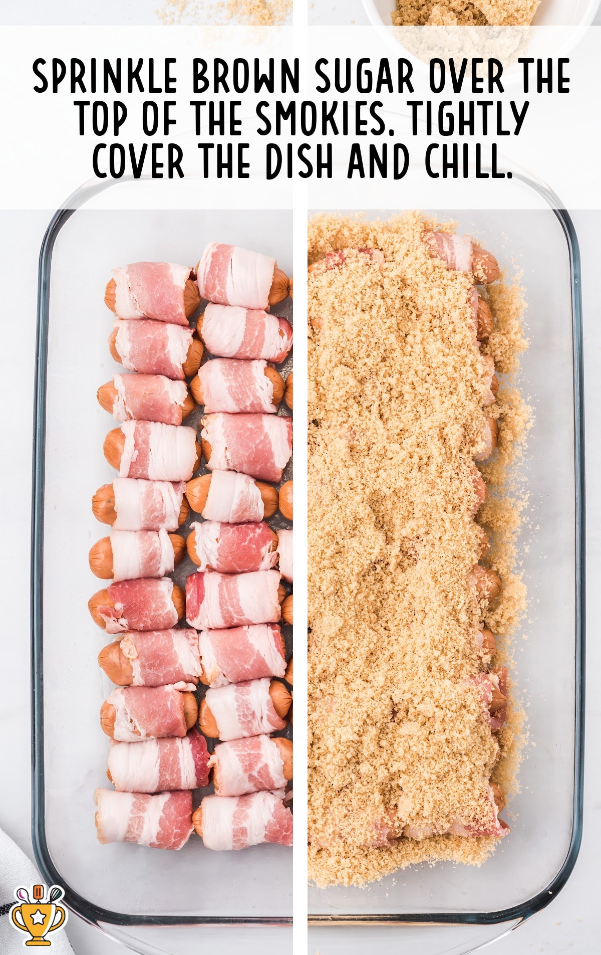 bacon wrapped smokies in a casserole dish being covered with brown sugar