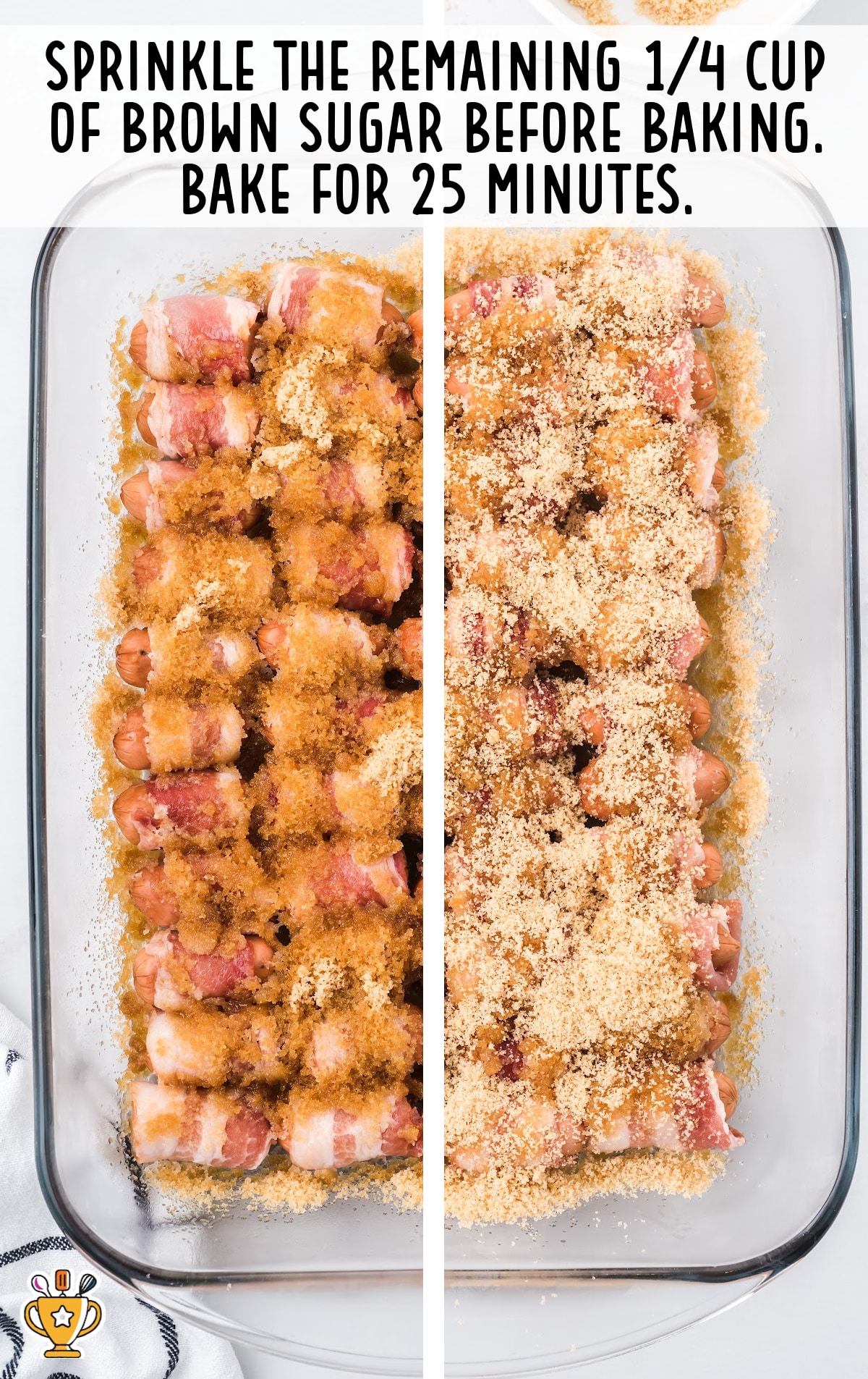 bacon wrapped smokies in a casserole dish being covered with brown sugar