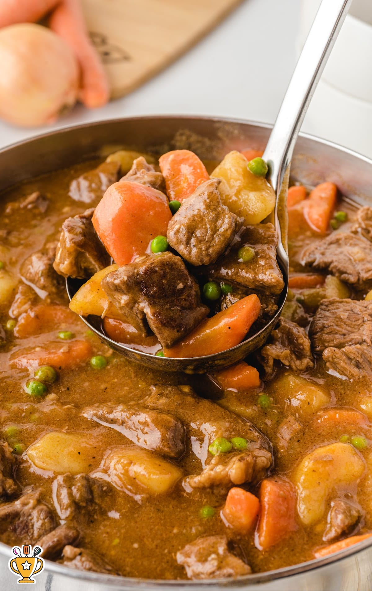 a ladle holding some Beef stew