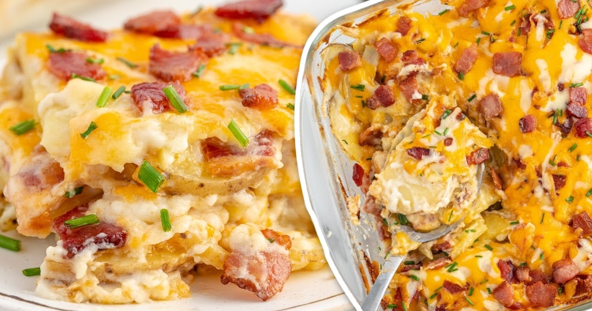 casserole dish filled with bacon loaded scalloped potatoes