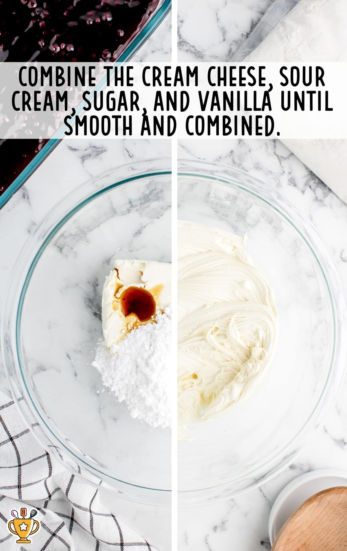 cream cheese, vanilla and powdered sugar mixed in a glass mixing bowl