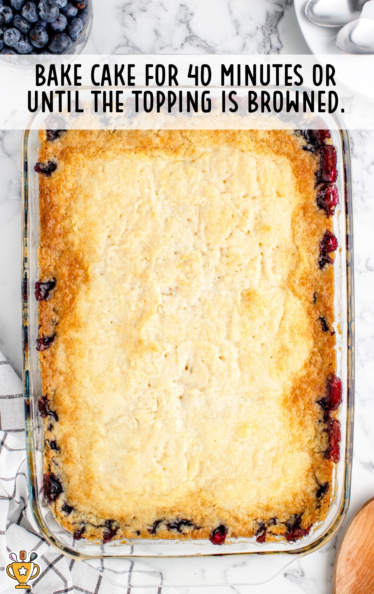oven baked blueberry cream cheese dump cake with a golden crust in a 9x13 baking dish