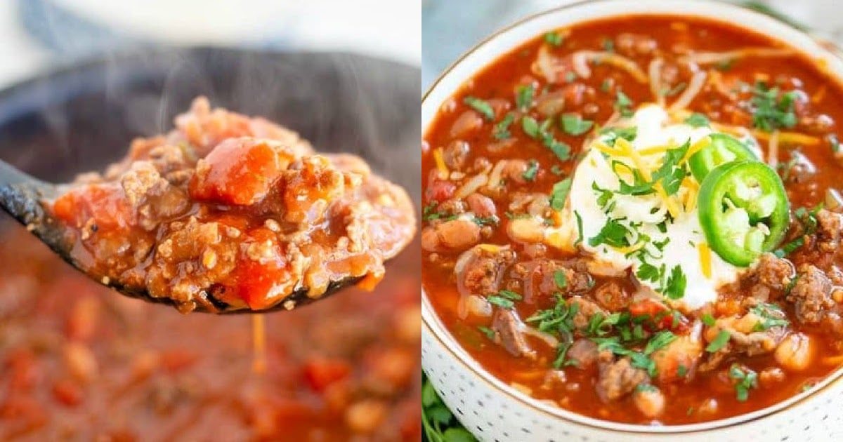 beef and bean chili spoonful that is steaming hot