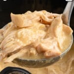 Plate of mashed potatoes topped with shredded crockpot chicken and gravy, garnished with green onions, with recipe title and ingredient list overlay.