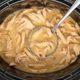 Slow cooker full of tender shredded chicken mixed with rich golden gravy, with a ladle scooping up a hearty serving.