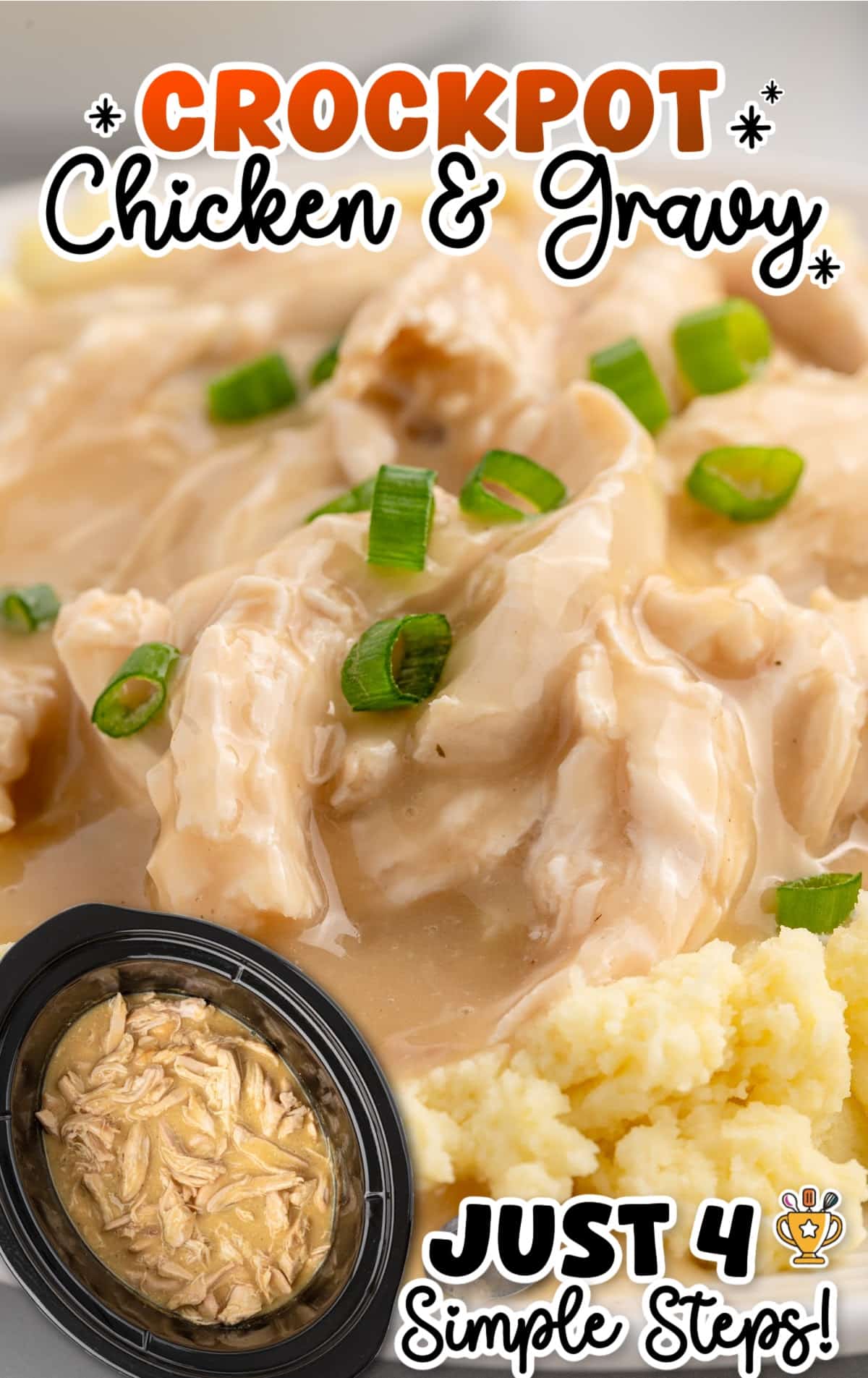 Close-up of shredded chicken coated in thick homemade gravy inside a crockpot, highlighting the juicy texture and creamy sauce.