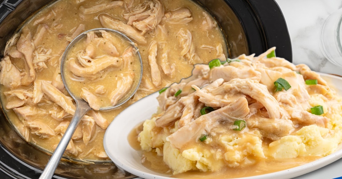 Close-up horizontal image showing creamy crockpot chicken and gravy in a slow cooker beside a plate of mashed potatoes topped with tender shredded chicken and rich gravy, highlighting the texture and comforting flavors.