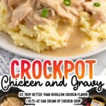Ladle lifting tender shredded chicken in creamy gravy from a crockpot, with text highlighting 10-minute prep and four simple steps.