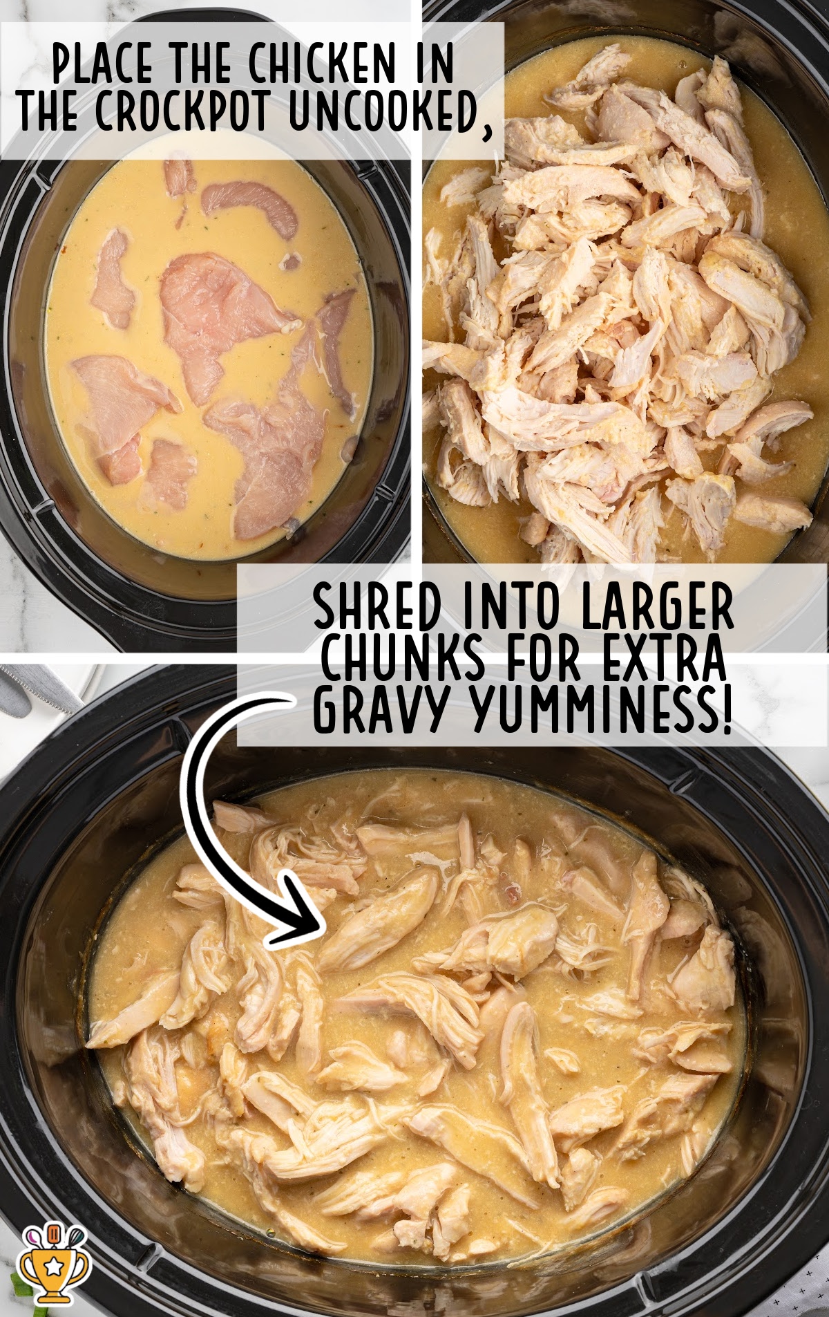 Step-by-step collage showing uncooked chicken in the crockpot with gravy mixture, then shredded chicken added back into thick gravy for serving.