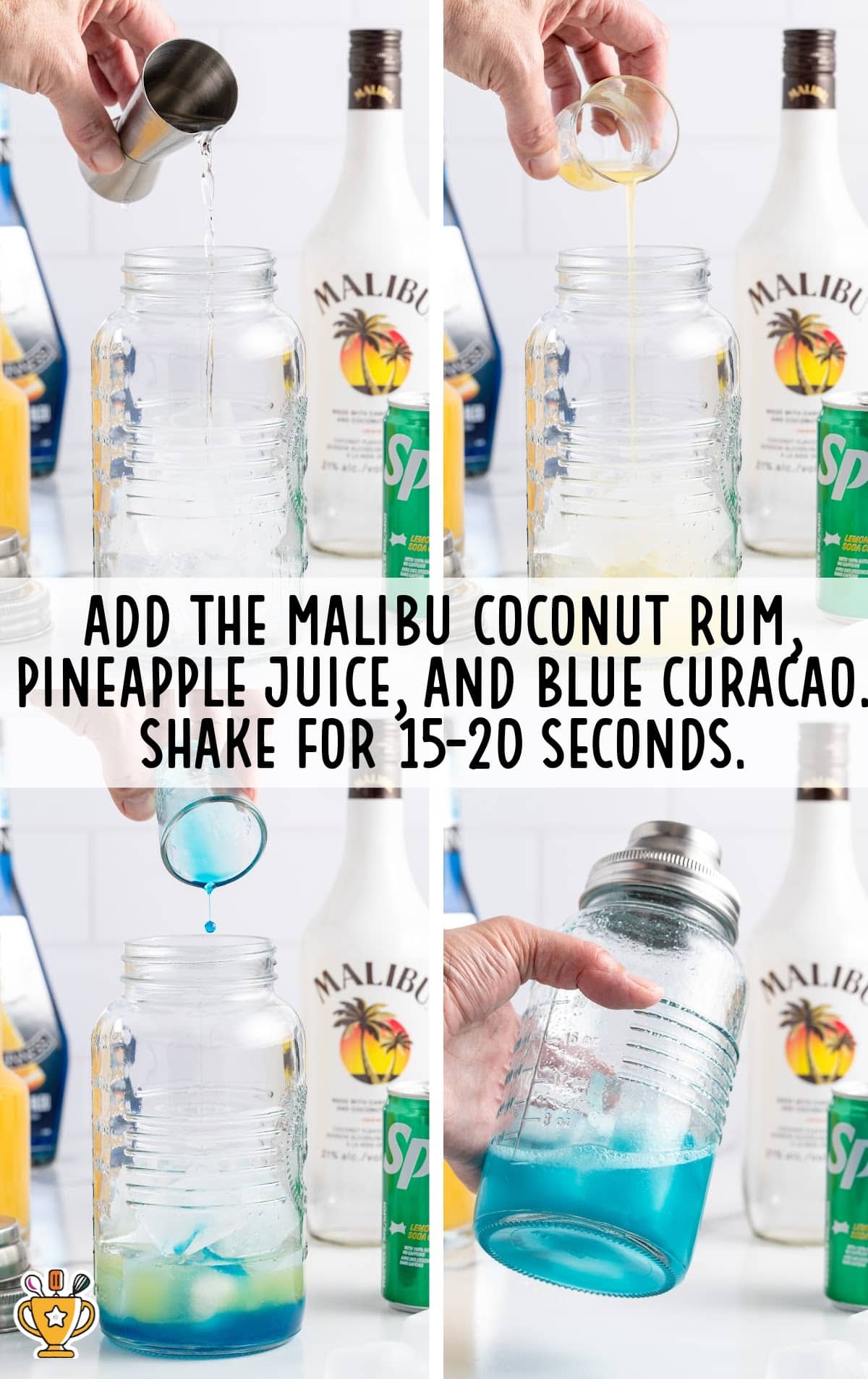 malibu coconut rum, pineapple juice, and blue curacao added to the glass