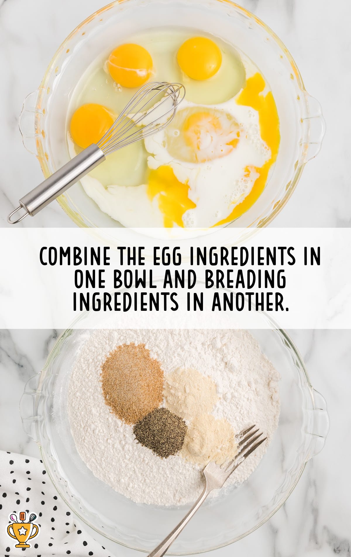One bowl is full of eggs and milk and the other is full of flour and seasonings.
