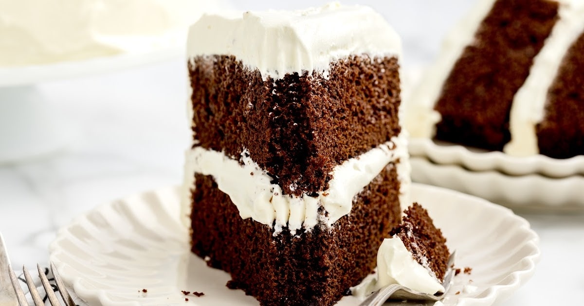 a close up shot of a slice of Chocolate Cake with Whipped Cream Frosting on a plate