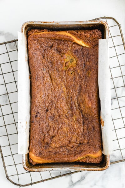cream cheese banana bread in a loaf pan baked and cooled