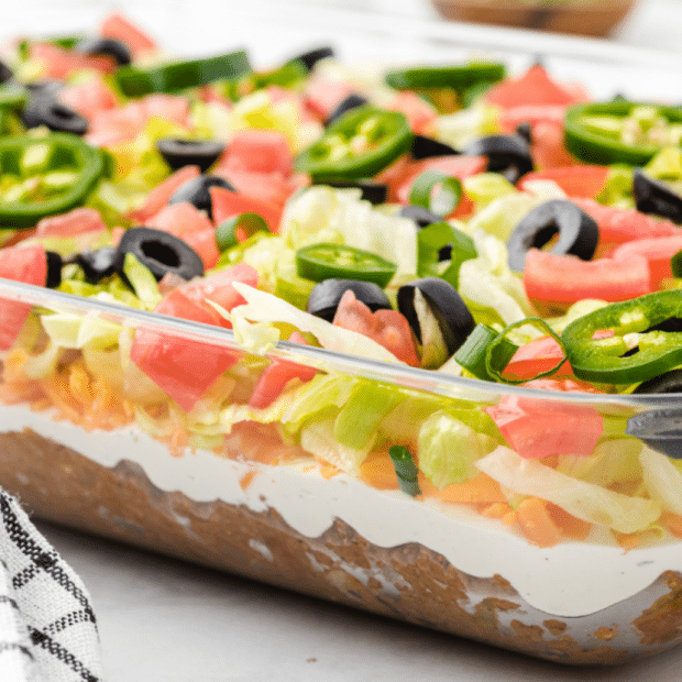Layered Taco Salad in a baking dish