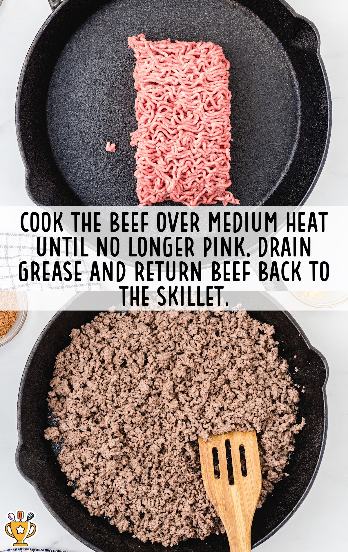 beef in a skillet and then cooked in a skillet