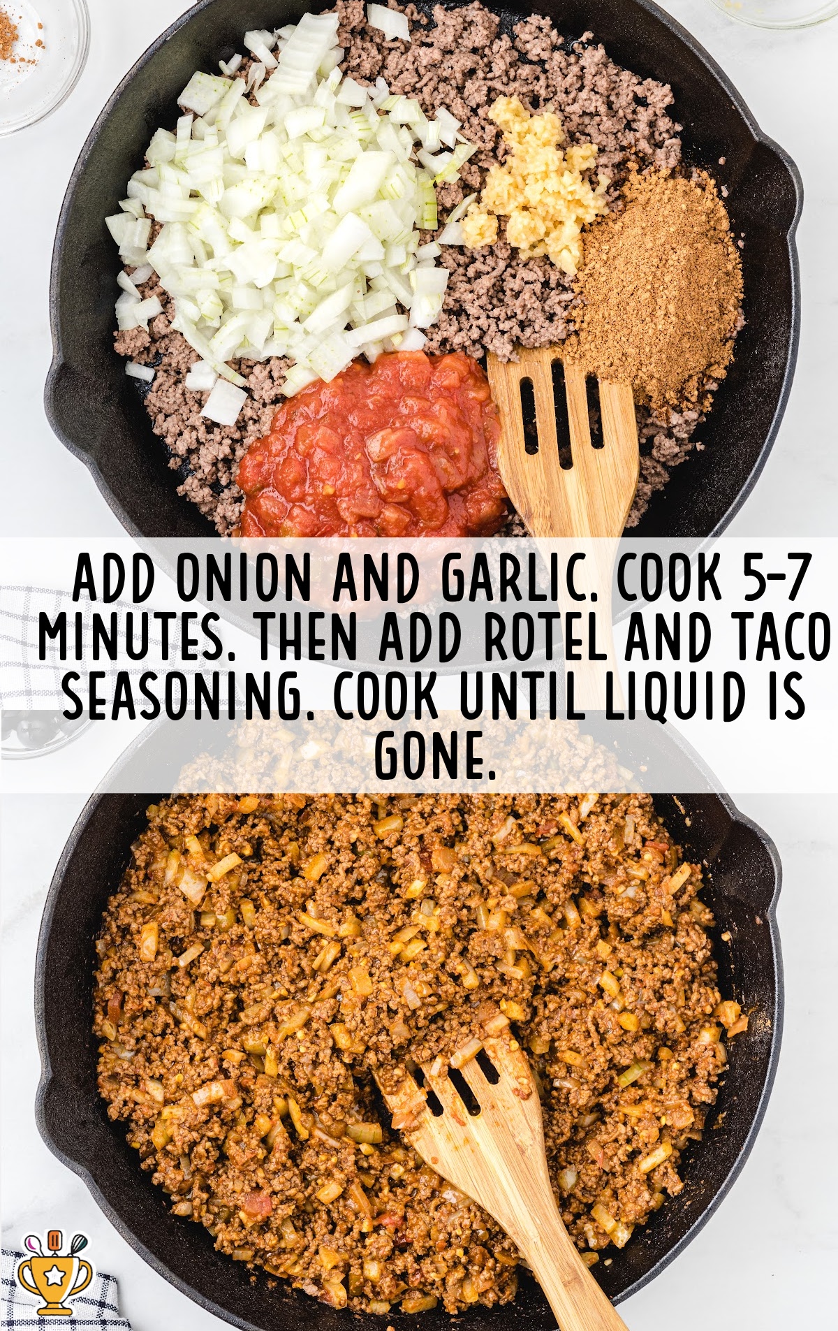 onion, garlic, taco seasoning, and rotel in a skillet and then folded together in a skillet