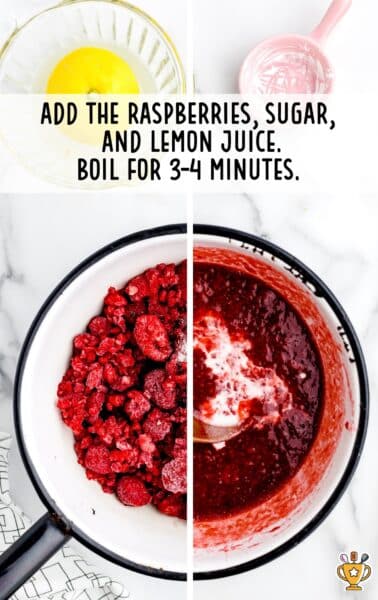 frozen raspberries, sugar, and lemon juice boiled in a pot