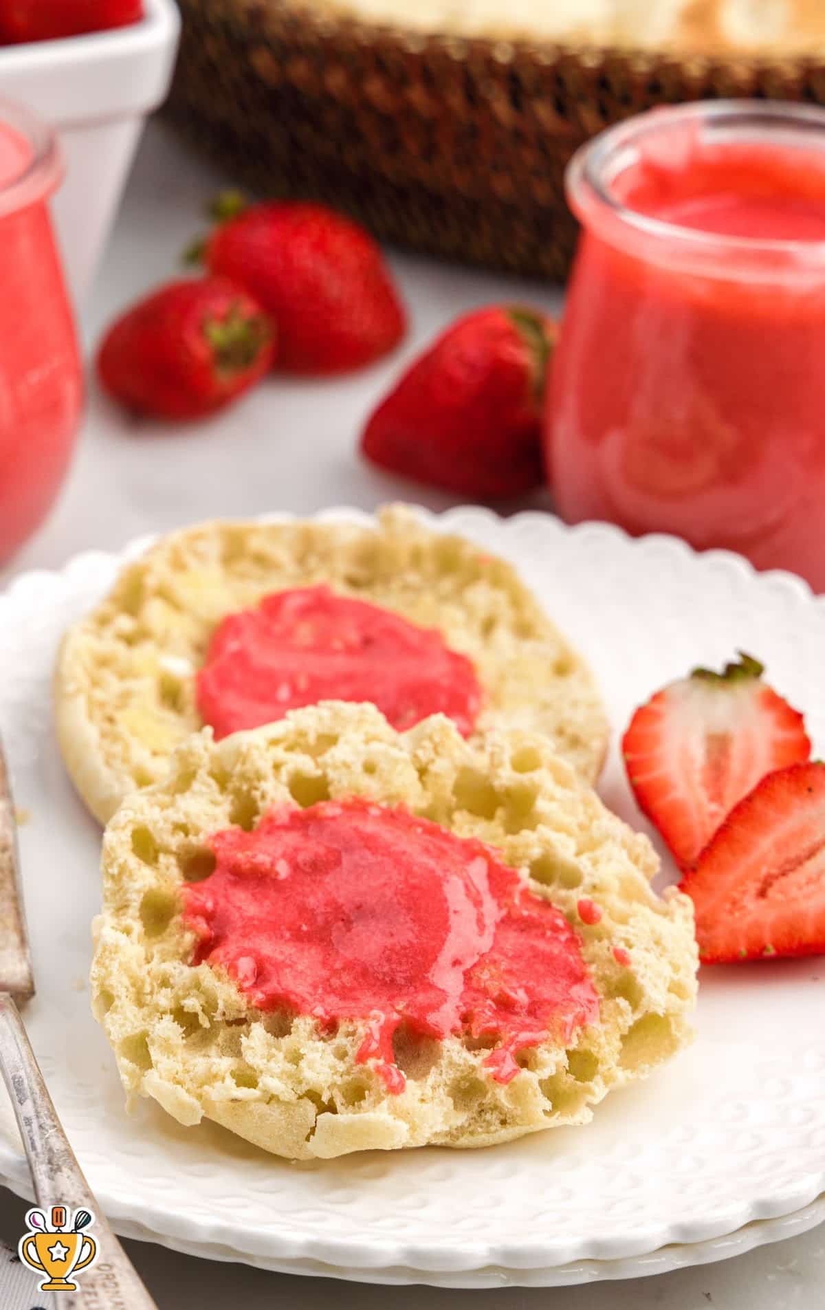 strawberry curd on an english muffin for breakfast