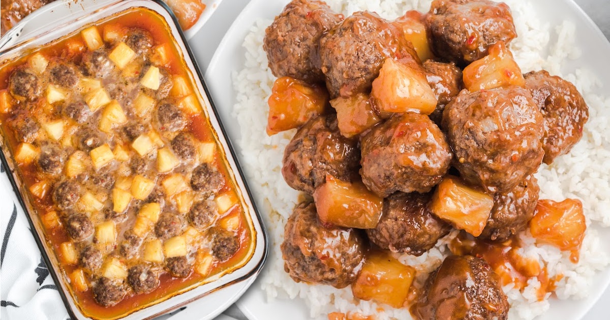 a plate of Sweet and Sour Meatballs along with the finished oven baked recipe