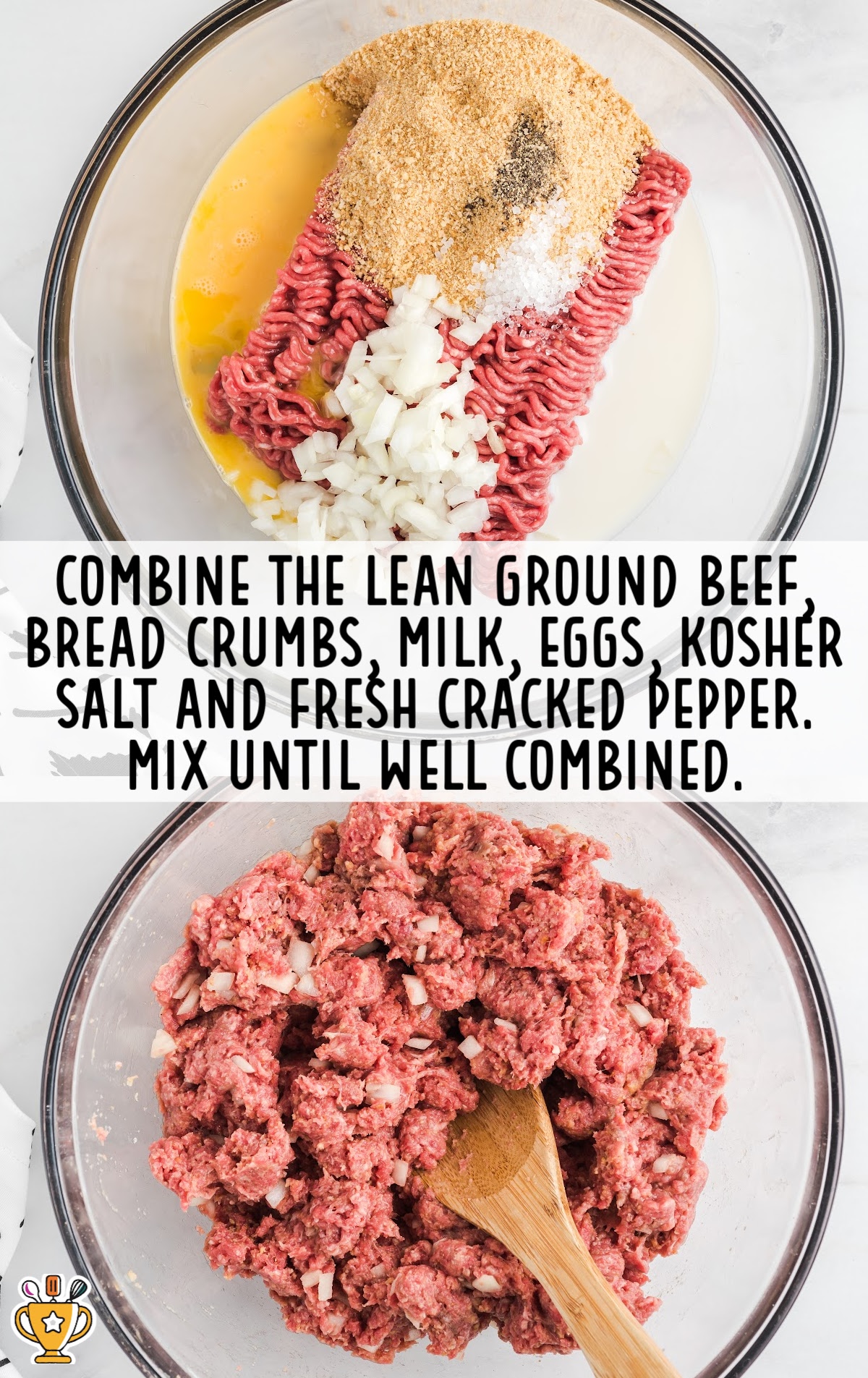 lean ground beef, onion, breadcrumbs, milk, eggs, kosher salt, and fresh cracked pepper combined in a bowl