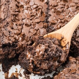 spoon serving a scoop of baked chocolate dump cake