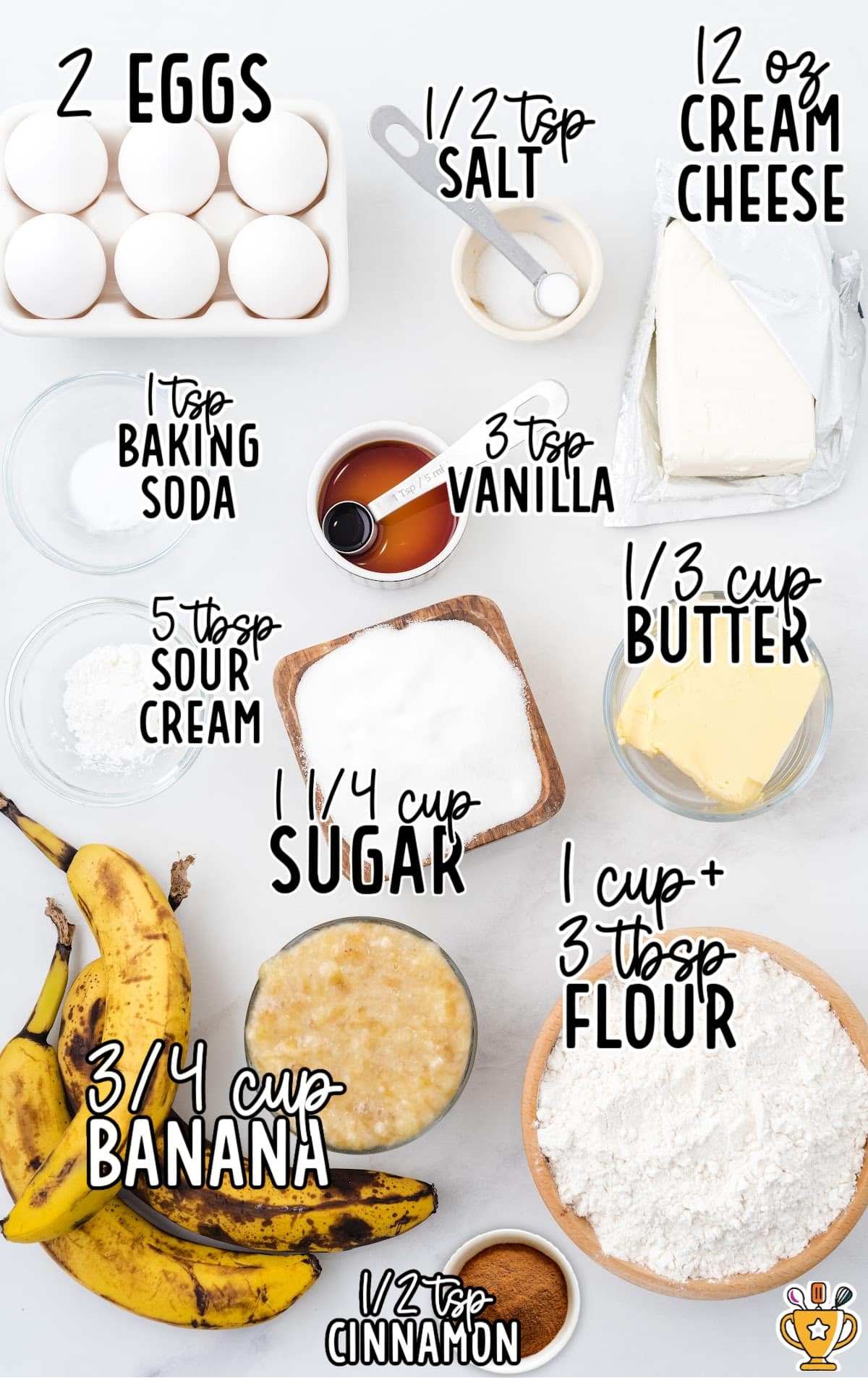 Cream Cheese Banana Bread raw ingredients that are labeled