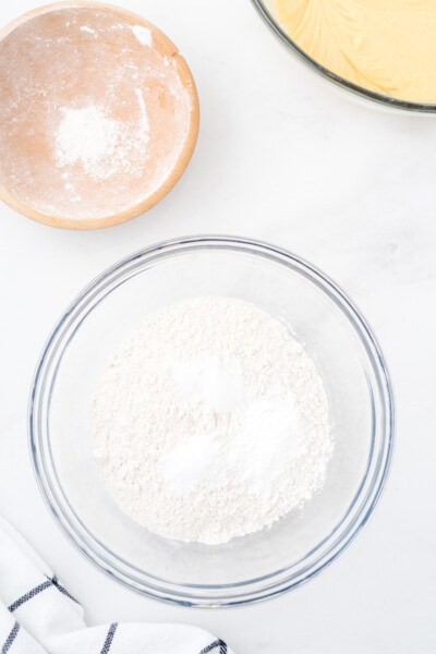 flour and baking soda whisked together in a bowl