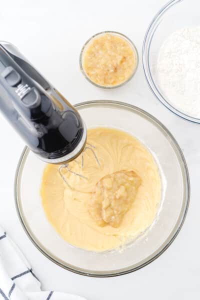 mashed bananas and sour cream added to the banana bread batter