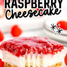close up shot of a slice of raspberry cheesecake
