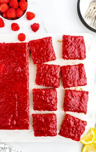overhead shot of No Bake Raspberry Cheesecake cut into pieces