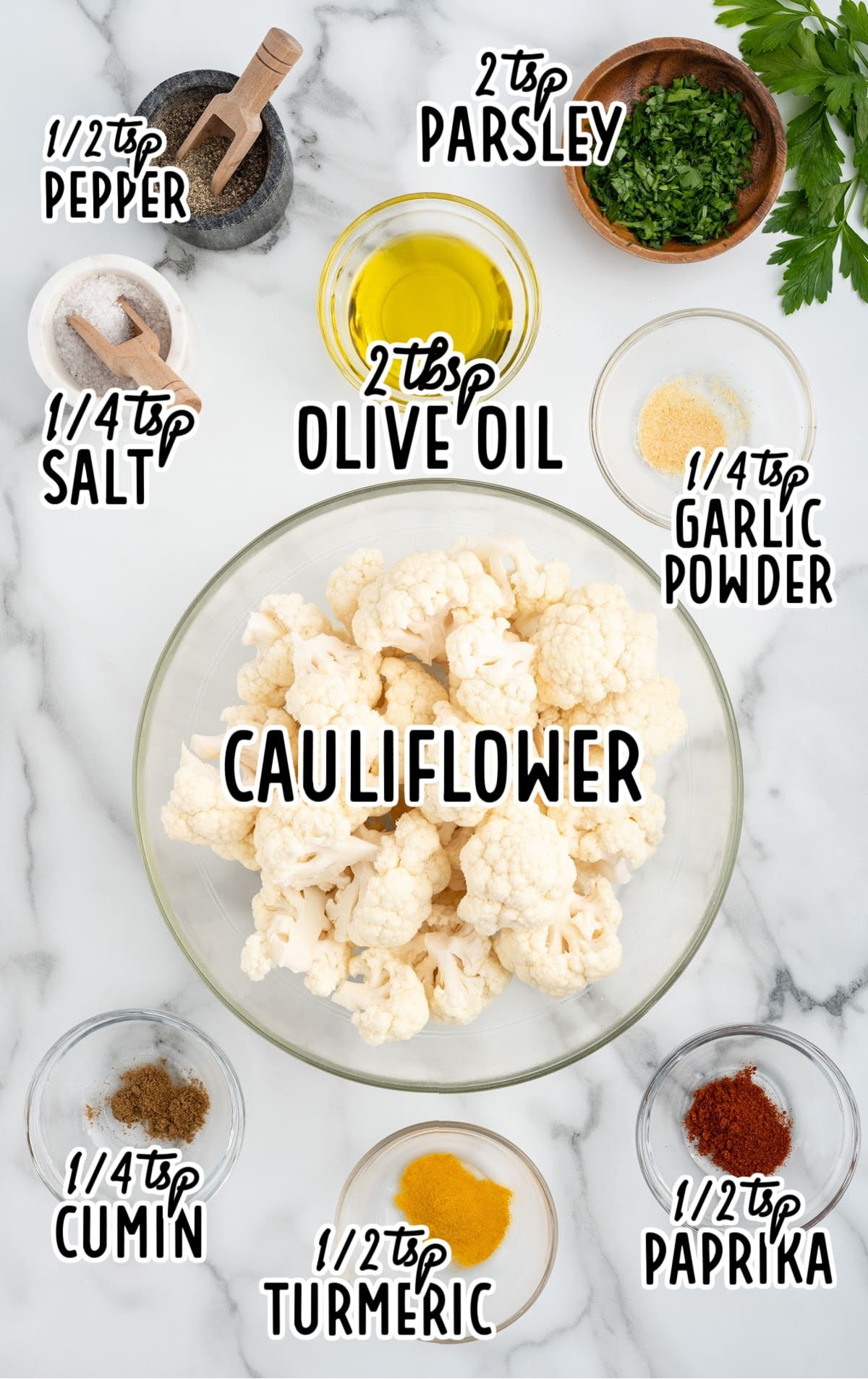 Air Fryer Cauliflower raw ingredients that are labeled