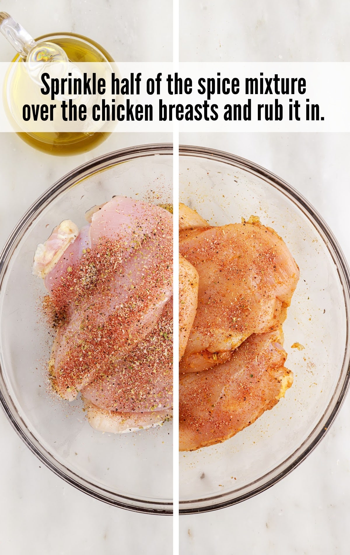 spice mixture sprinkled over chicken breast and rub it in