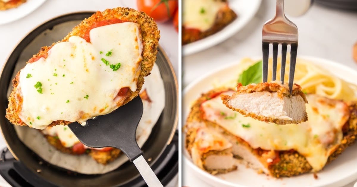 close up shot of Air Fryer Chicken Parmesan on a plate