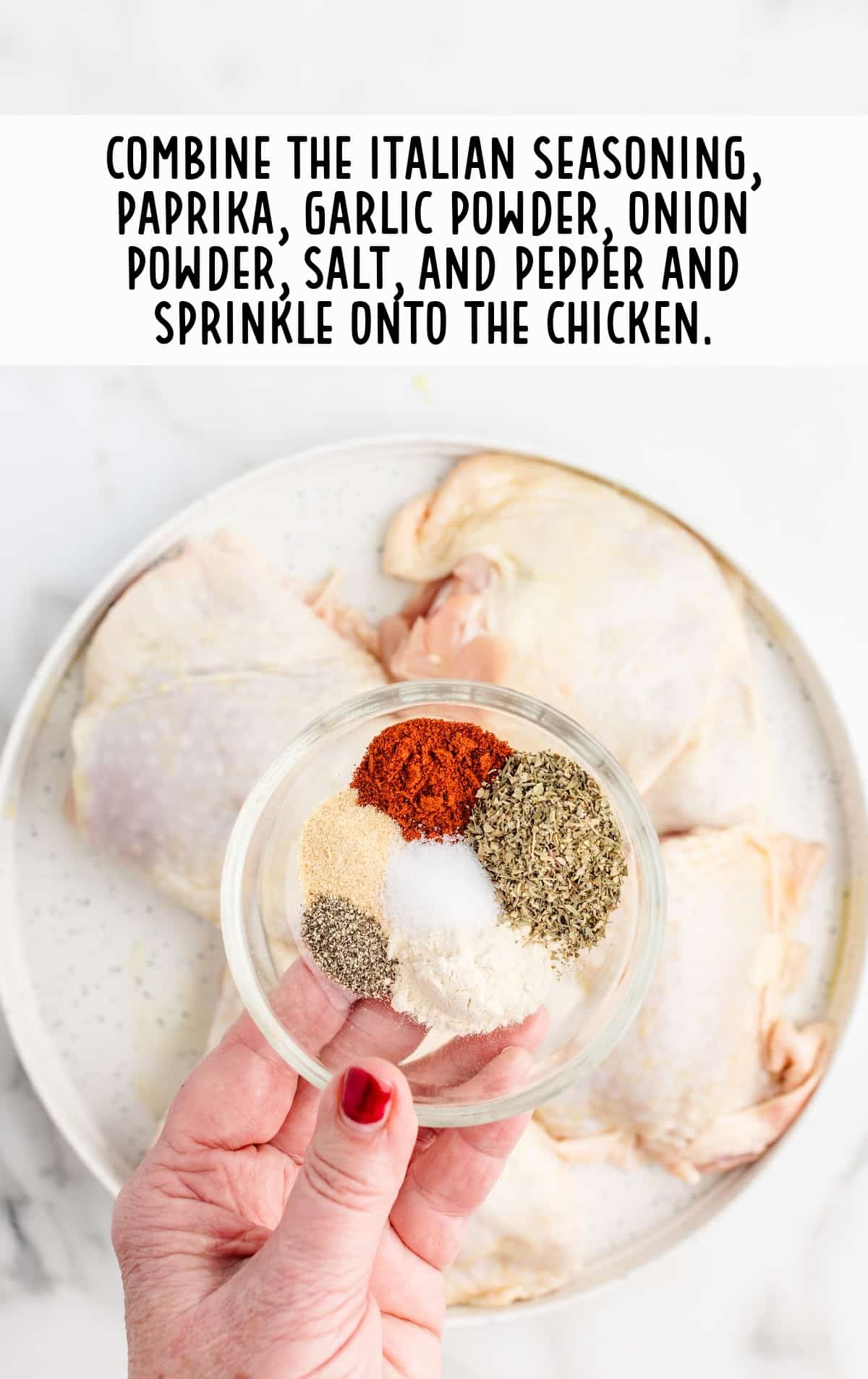 chicken thighs sprinkled with smoked paprika, Italian seasoning, garlic powder, onion powder, salt, and black pepper