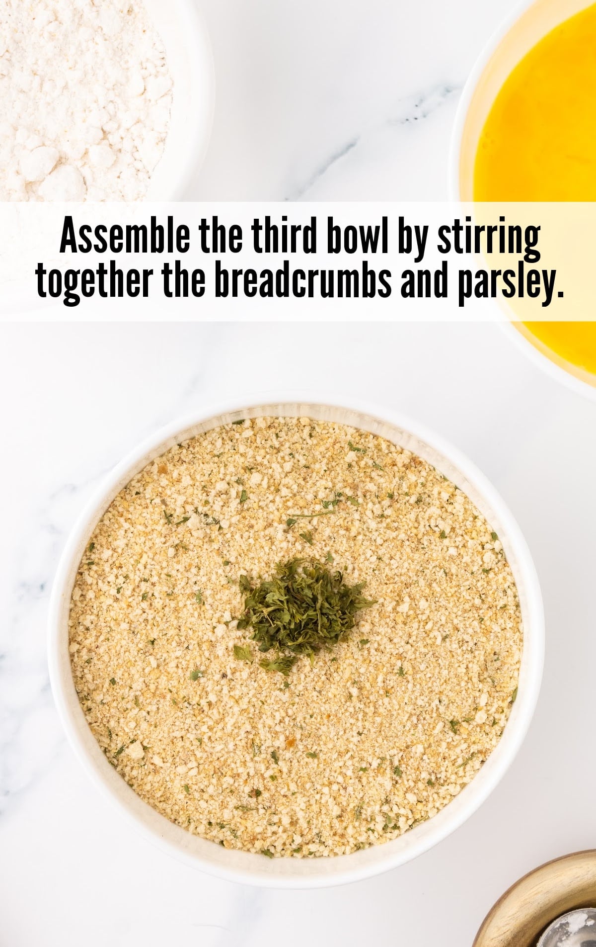 breadcrumbs and parsley combined in the third bowl