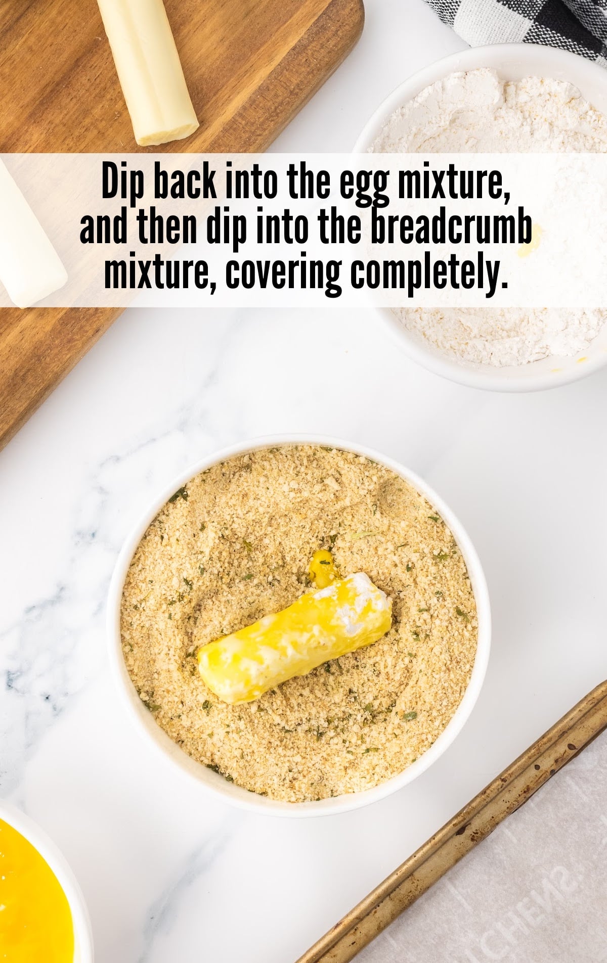 dip mozzarella into the breadcrumb and egg mixtures