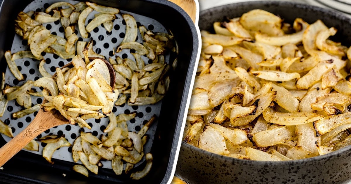 overhead shot of spoon full of Air Fryer Onions