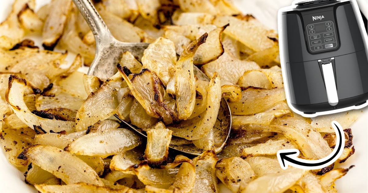 overhead shot of spoon full of Air Fryer Onions