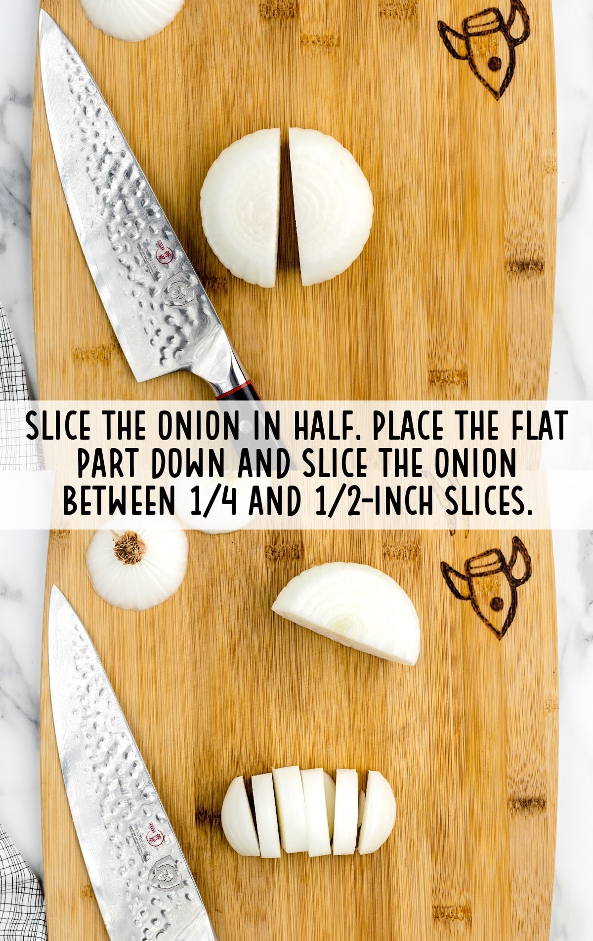 onions sliced in half and then into ¼