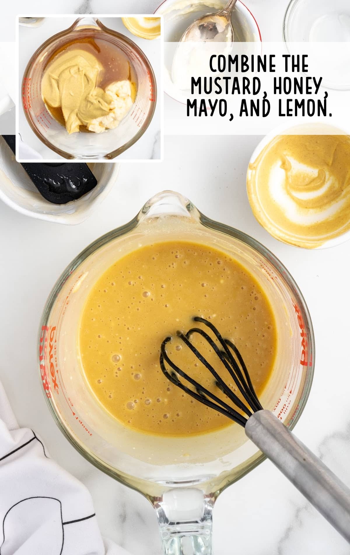 Dijon mustard, honey, mayonnaise, and lemon juice combined in a small bowl