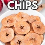 close up shot of a bowl of Apple Chips with apples in the back