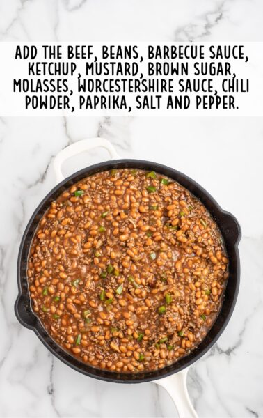 baked beans, bottled barbecue sauce, ketchup, yellow mustard, brown sugar, molasses, Worcestershire sauce, chili powder, smoked paprika, salt, and black pepper added to the skillet