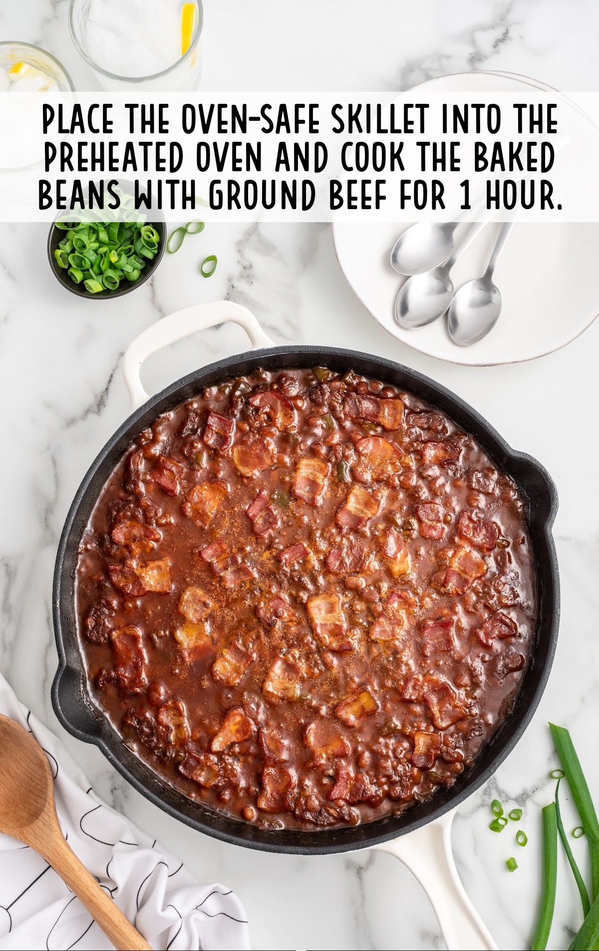 Baked Beans with Ground Beef cooked in a skillet