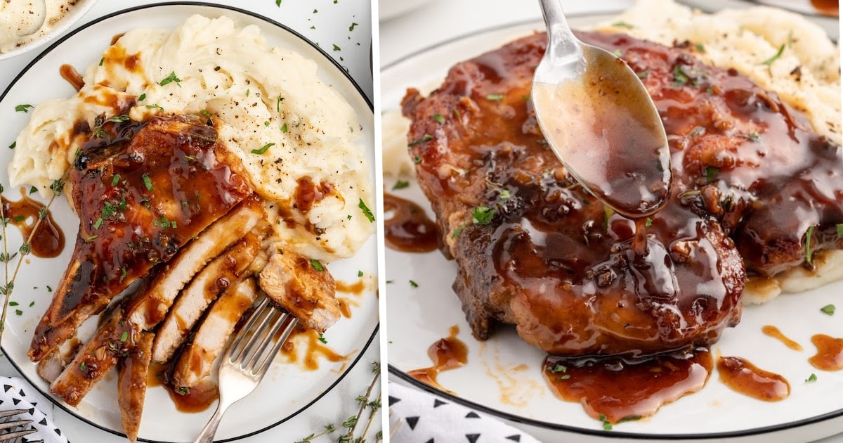 glazed pork chops served on a plate with mashed potatoes