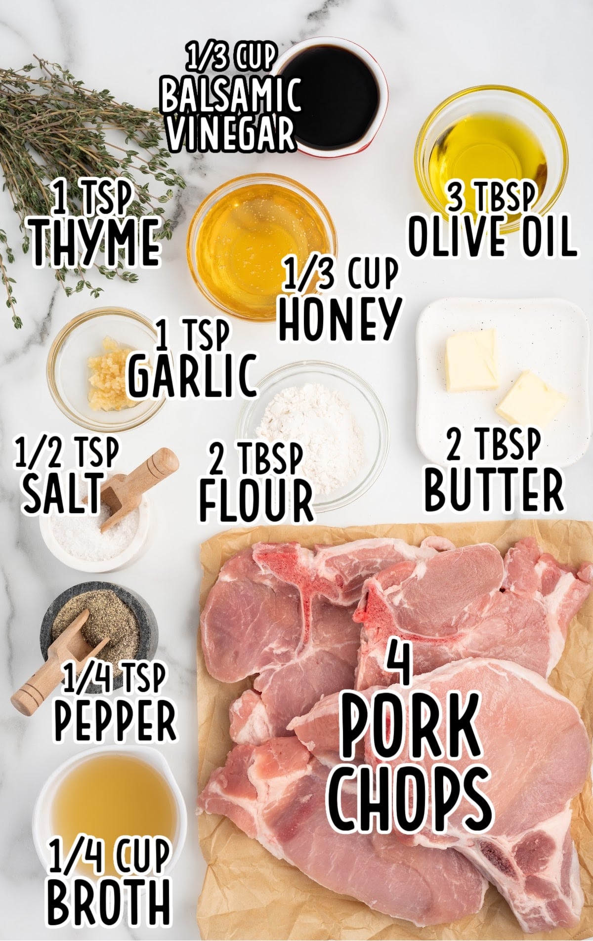 ingredients for balsamic glazed pork chops laid out and measured