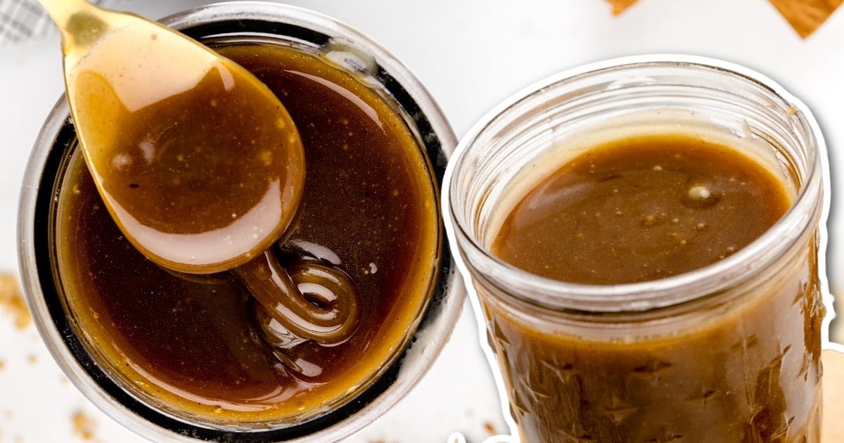 overhead shot of Brown Sugar Sauce with a spoon