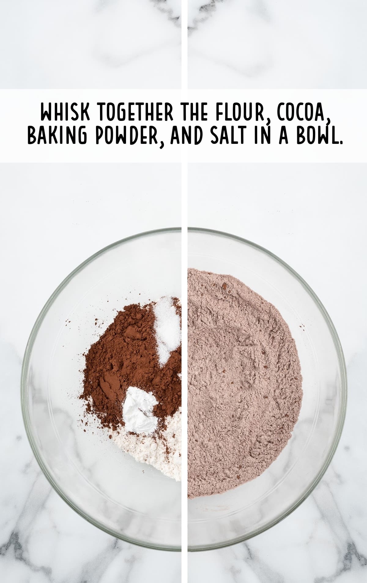 flour, cocoa, baking powder, and salt whisked together